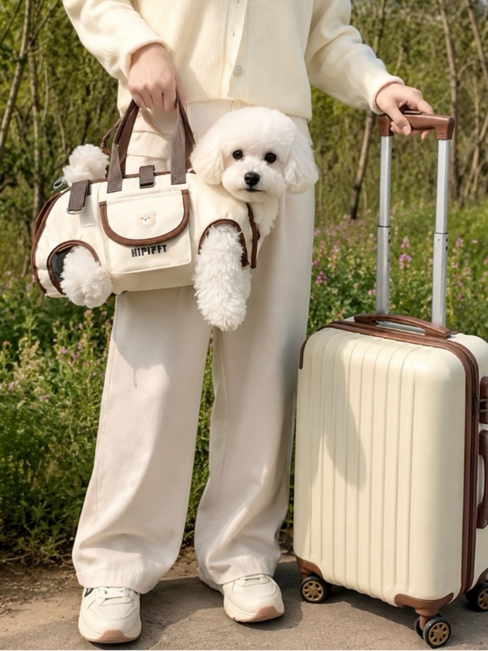 Cream and Brown Dog Carrier Tote - Comfortable Travel Bag for Small Dogs